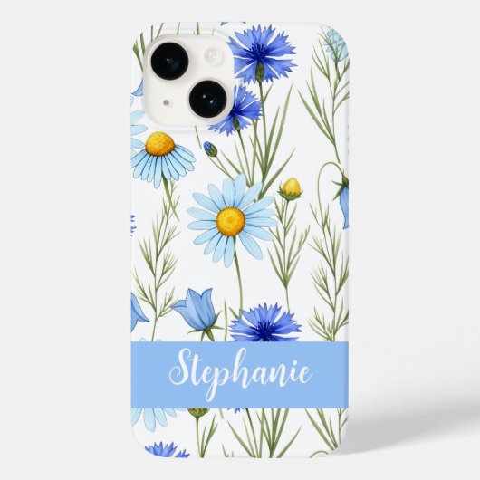 Blue Watercolor Wildflower Monogram Name Case-Mate iPhone Hülle (Rückseite)