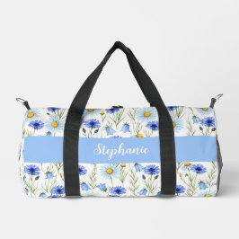 Blue Watercolor Wildflower Monogram Name Duffle Bag