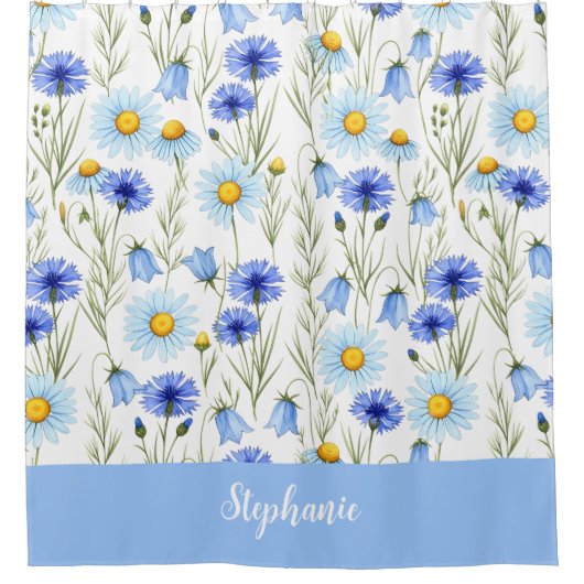 Blue Watercolor Wildflower Monogram Name Duschvorhang (Vorderseite)