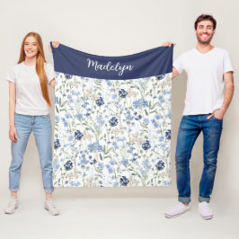 Blue Watercolor Wildflower Monogram Name Fleecedecke