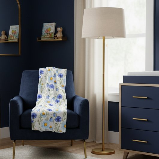 Blue Watercolor Wildflower Monogram Name Fleecedecke