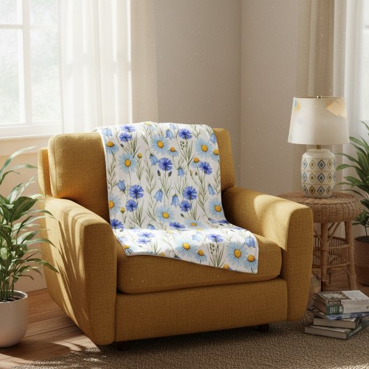 Blue Watercolor Wildflower Monogram Name Fleecedecke