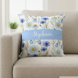 Blue Watercolor Wildflower Monogram Name Kissen