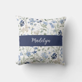 Blue Watercolor Wildflower Monogram Name Kissen
