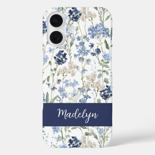 Blue Watercolor Wildflower Name Case-Mate iPhone Hülle (Rückseite)