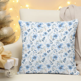 Blue Watercolor Winter Florals Kissen