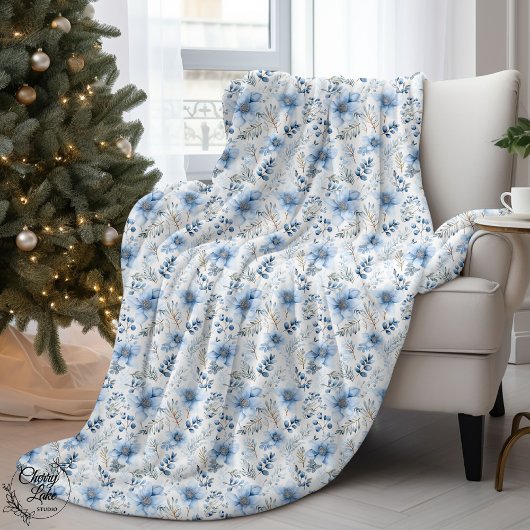 Blue Watercolor Winter Florals Sherpadecke