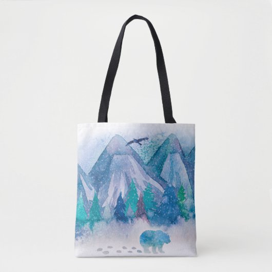 Blue Watercolor Winter Mountain Landscape Art Tasche (Vorderseite)