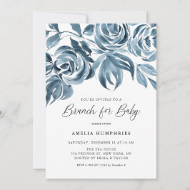 Blue Watercolor Winter Rose Babydusche Brunch Einladung