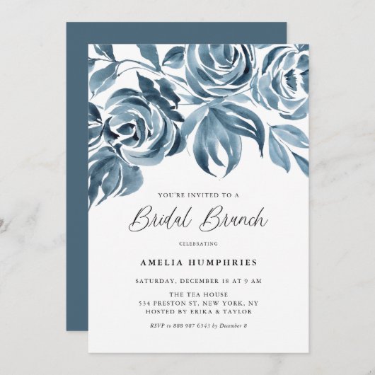 Blue Watercolor Winter Rose Bridal Brunch Einladung (Vorne/Hinten)