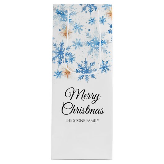Blue Watercolor Winter Snowflake Frohe Weihnachten Geschenktüte Für Weinflaschen (Vorderseite)