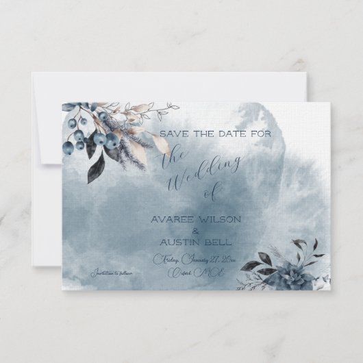Blue Watercolor Winterberries Save The Date (Vorderseite)