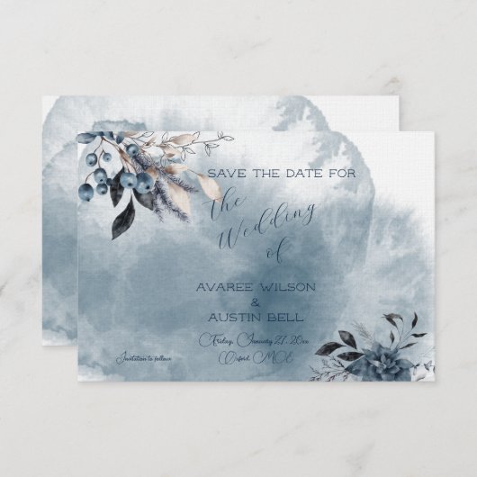 Blue Watercolor Winterberries Save The Date (Vorne/Hinten)