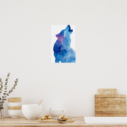 Blue watercolor wolf howling poster (Küche)