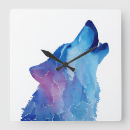 Blue watercolor wolf howling quadratische wanduhr