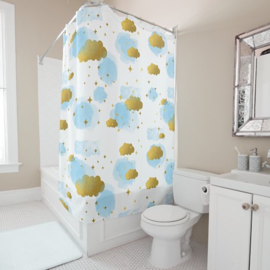 Blue Watercolor Wolken Gold Stars Sky Duschvorhang (Beispiel)