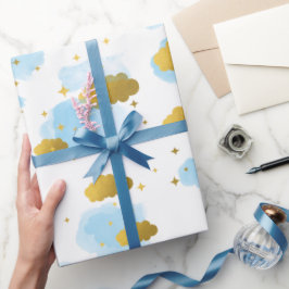 Blue Watercolor Wolken Gold Stars Sky Geschenkpapier
