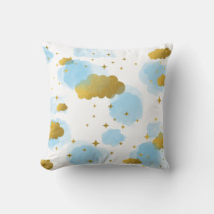 Blue Watercolor Wolken Gold Stars Sky Kissen