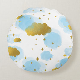 Blue Watercolor Wolken Gold Stars Sky Rundes Kissen