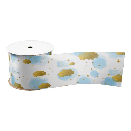 Blue Watercolor Wolken Gold Stars Sky Satinband (Spule)
