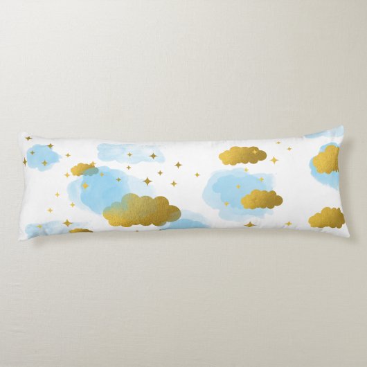 Blue Watercolor Wolken Gold Stars Sky Seitenschläferkissen (Rückseite)