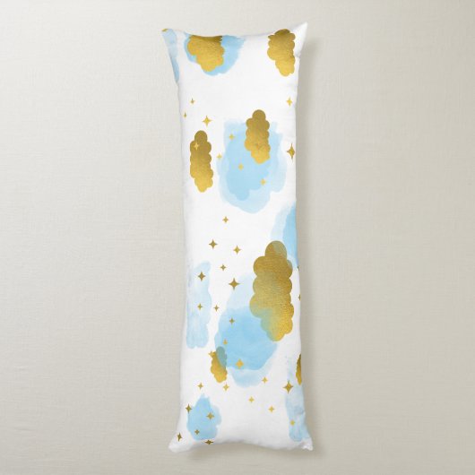 Blue Watercolor Wolken Gold Stars Sky Seitenschläferkissen (Rückseite (Vertikal))
