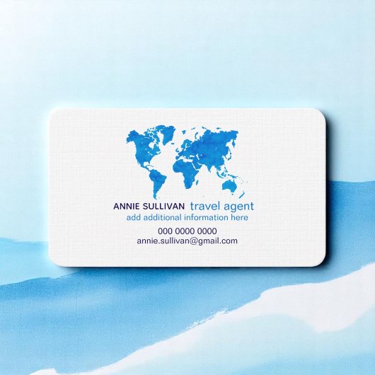 Blue Watercolor World Map Travel Agent Visitenkarte