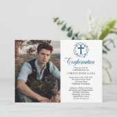 Blue Watercolor Wreath Boy Foto Bestätigung Einladung (Stehend Vorderseite)