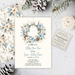 Blue Watercolor Wreath Holiday Open House Party Einladung