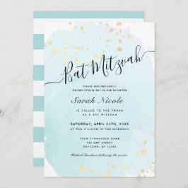 Blue Watercolor x Gold Spritzer Bat Mitzvah Einladung