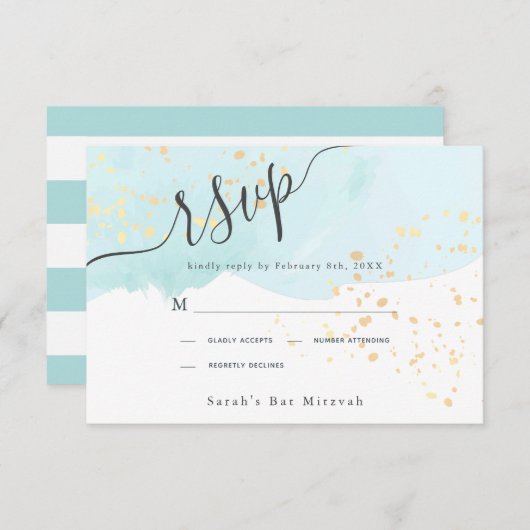 Blue Watercolor x Gold Spritzer Bat Mitzvah RSVP Karte (Vorne/Hinten)