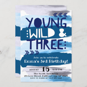 Blue Watercolor Young Wild & Three 3. Geburtstag Einladung