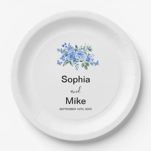 Blue Watercolour Floral and Butterflies Wedding Pappteller (Vorderseite)