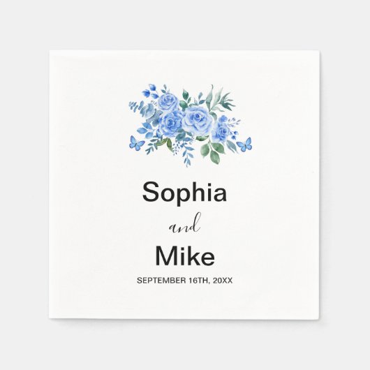 Blue Watercolour Floral and Butterflies Wedding Serviette (Vorderseite)