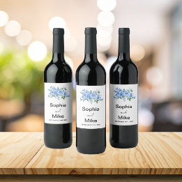 Blue Watercolour Floral and Butterflies Wedding  Weinetikett