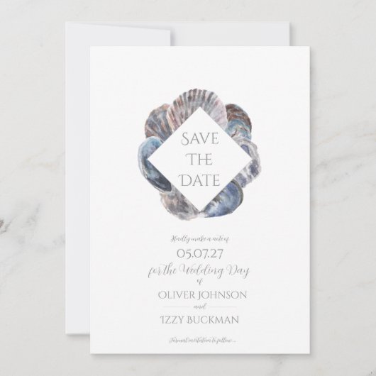 Blue Watercolour Sea Shell Save the Date Flat Card Einladung (Vorderseite)