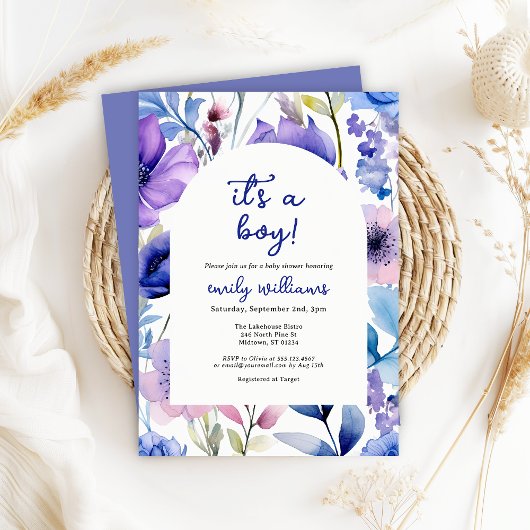 Blue Watercolour Wildflower Its a Boy Baby Shower Einladung