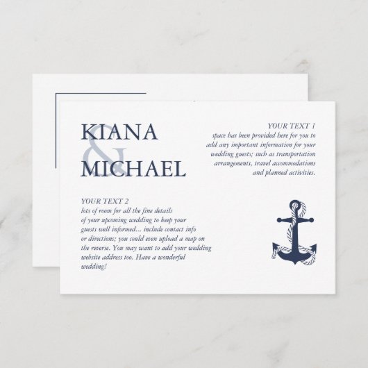 Blue Wave Anchor Wedding Details Navy/Wht ID836 Begleitkarte (Vorne/Hinten)
