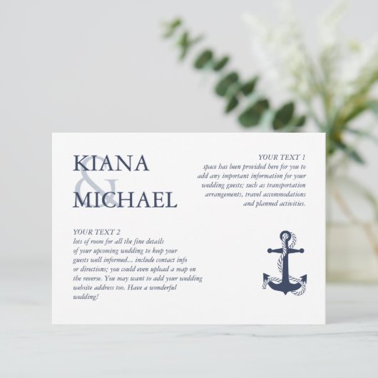 Blue Wave Anchor Wedding Details Navy/Wht ID836 Begleitkarte (Stehend Vorderseite)