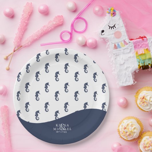 Blue Wave Seepferd Muster Wedding V1 ID836 Pappteller (Party)