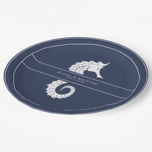 Blue Wave Seepferd Wedding Wht/Navy ID836 Pappteller (Schrägansicht)