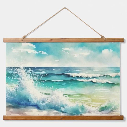 Blue Waves am Strand Wandteppich Mit Holzrahmen (Vorderseite)