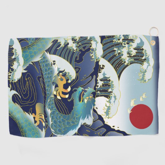 Blue Waves Green Dragon Red Sun Golfhandtuch (Horizontal)