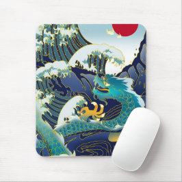 Blue Waves Green Dragon Red Sun Skateboard Mousepad
