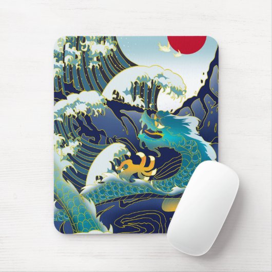 Blue Waves Green Dragon Red Sun Skateboard Mousepad (Mit Mouse)
