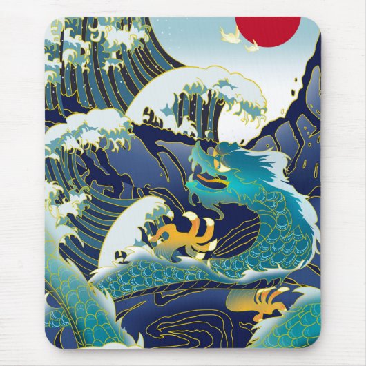 Blue Waves Green Dragon Red Sun Skateboard Mousepad (Vorne)