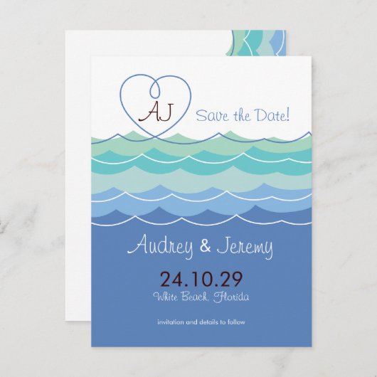 Blue Waves Loopy Heart Beach Modern Save the Date Ankündigungspostkarte (Vorne/Hinten)
