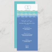 Blue Waves Loopy Liebe Heart Monogram Beach Weddin Menükarte (Vorne/Hinten)
