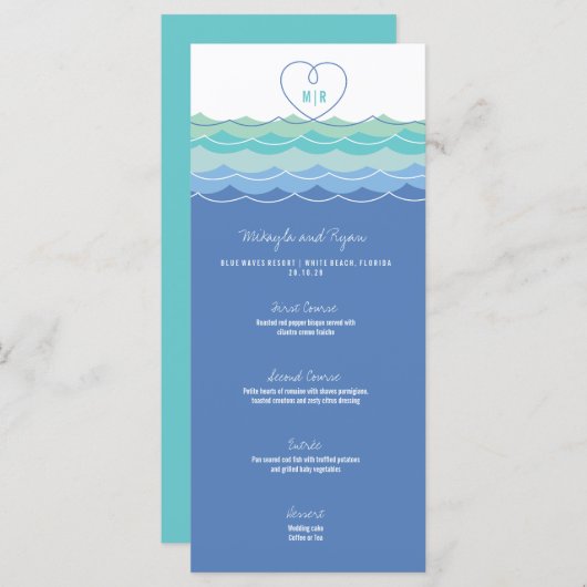 Blue Waves Loopy Liebe Heart Monogram Beach Weddin Menükarte (Vorne/Hinten)