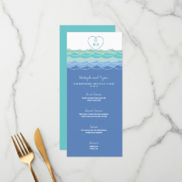 Blue Waves Loopy Liebe Heart Monogram Beach Weddin Menükarte